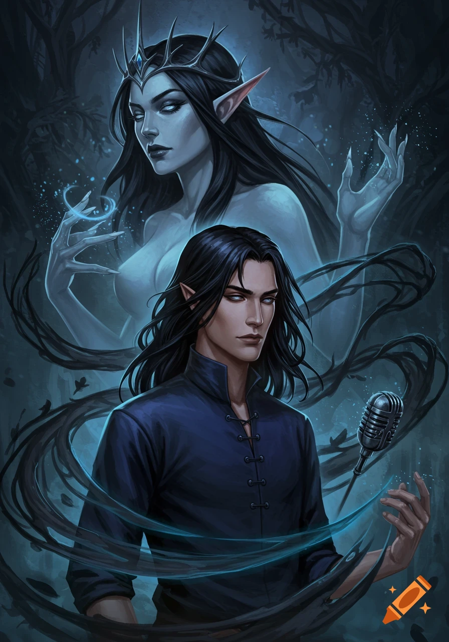 A dark fantasy painting of a young man with long black hair holding a microphone, with a ghostly elf queen behind him.