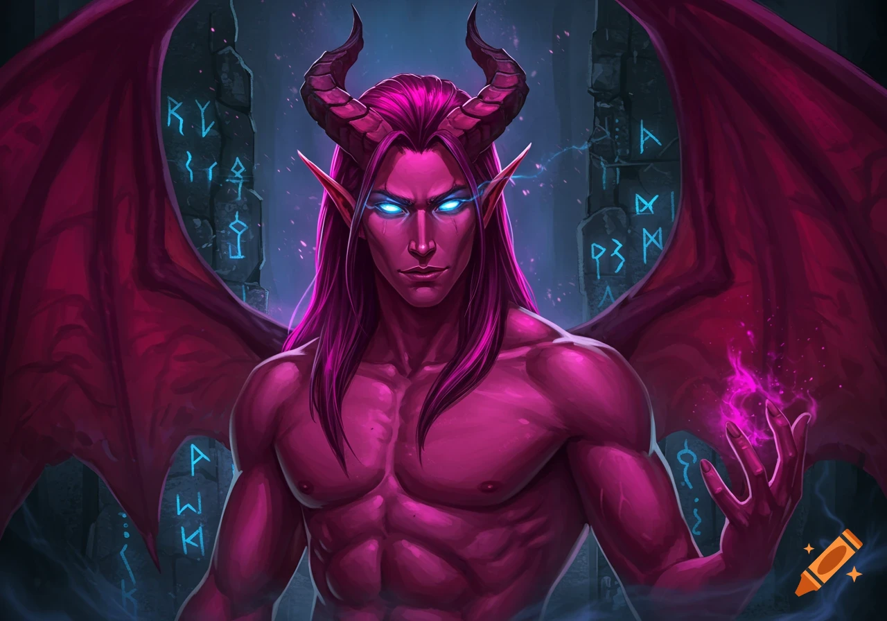 A vibrant digital art portrait of a magenta-skinned male infernal with horns, large wings, and glowing blue eyes, casting a purple spell.