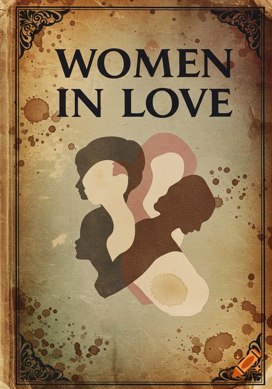Vintage book cover titled 'WOMEN IN LOVE' with ornate borders, featuring overlapping silhouettes of four women in brown and beige tones against a stained paper texture.