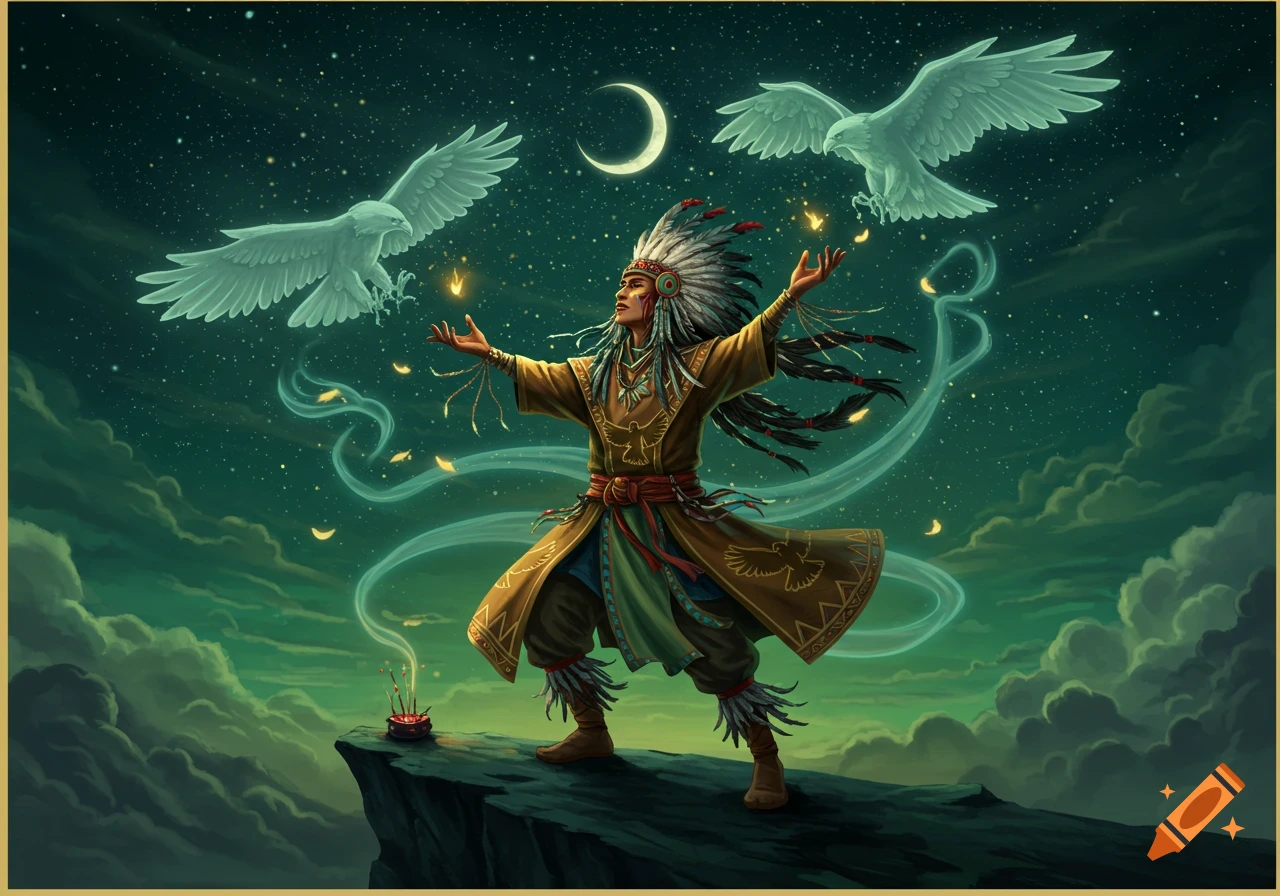 A fantasy illustration of a shaman on a cliff at night, raising arms to two ethereal eagles under a crescent moon and stars.