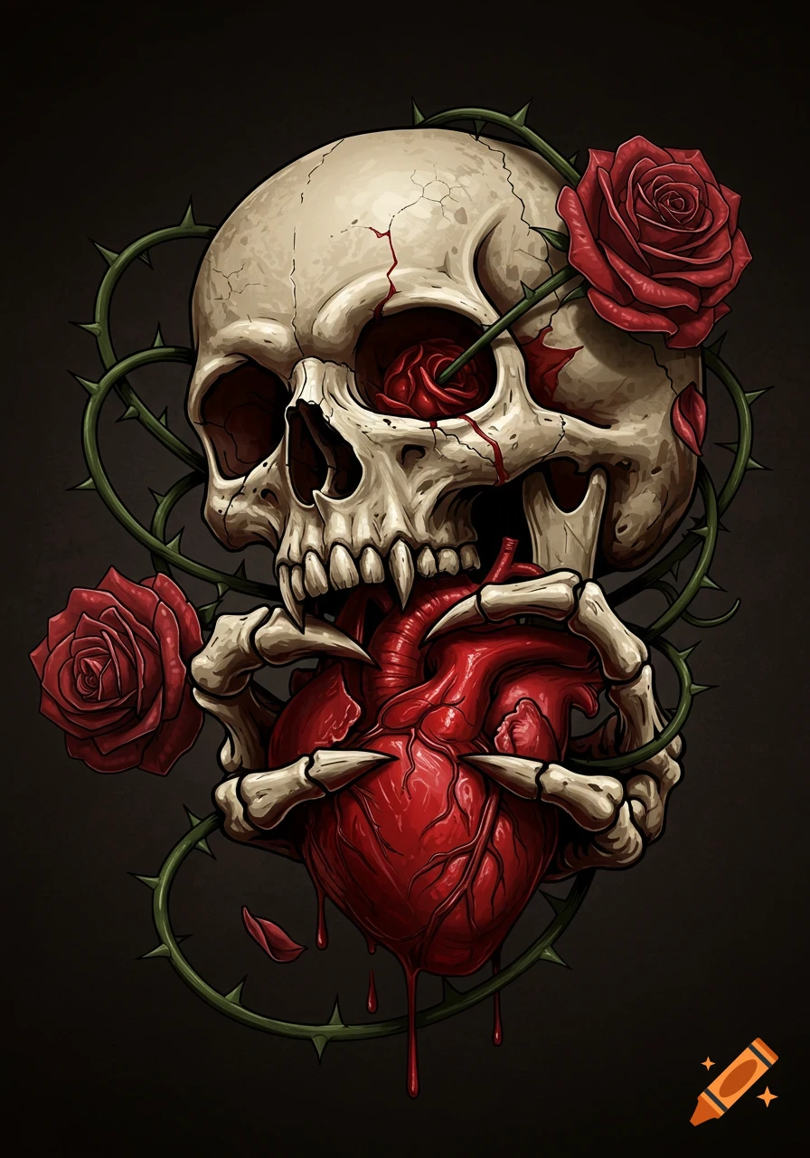 A stylized illustration of a cracked skull biting a bleeding anatomical heart, with thorny vines and red roses wrapped around it.