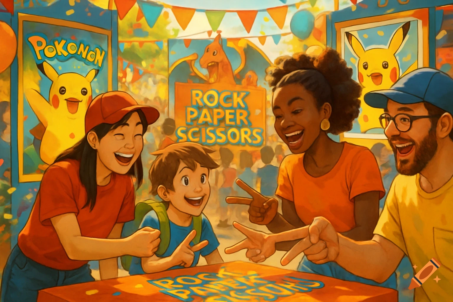 A diverse family, two adults and two children, laughing and playing rock-paper-scissors at a colorful carnival tent with signs featuring Pokemon-like characters.