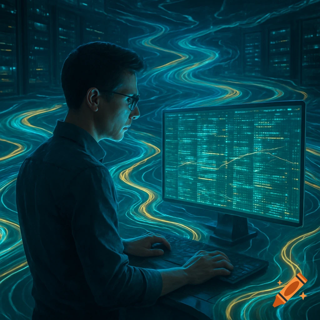 A man wearing glasses is focused on a computer screen displaying abstract lines of green and yellow data within a futuristic server room.