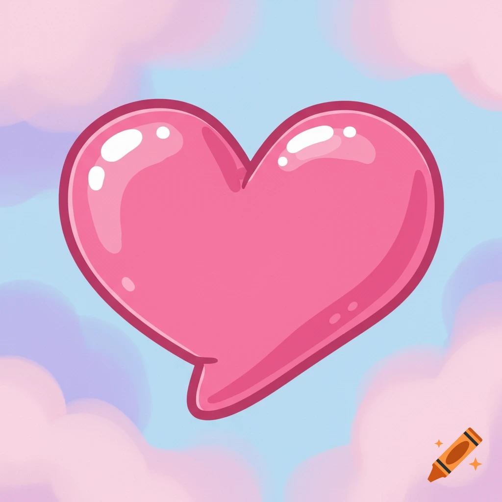 A glossy pink cartoon heart floats against a light blue sky with soft pink and purple clouds.