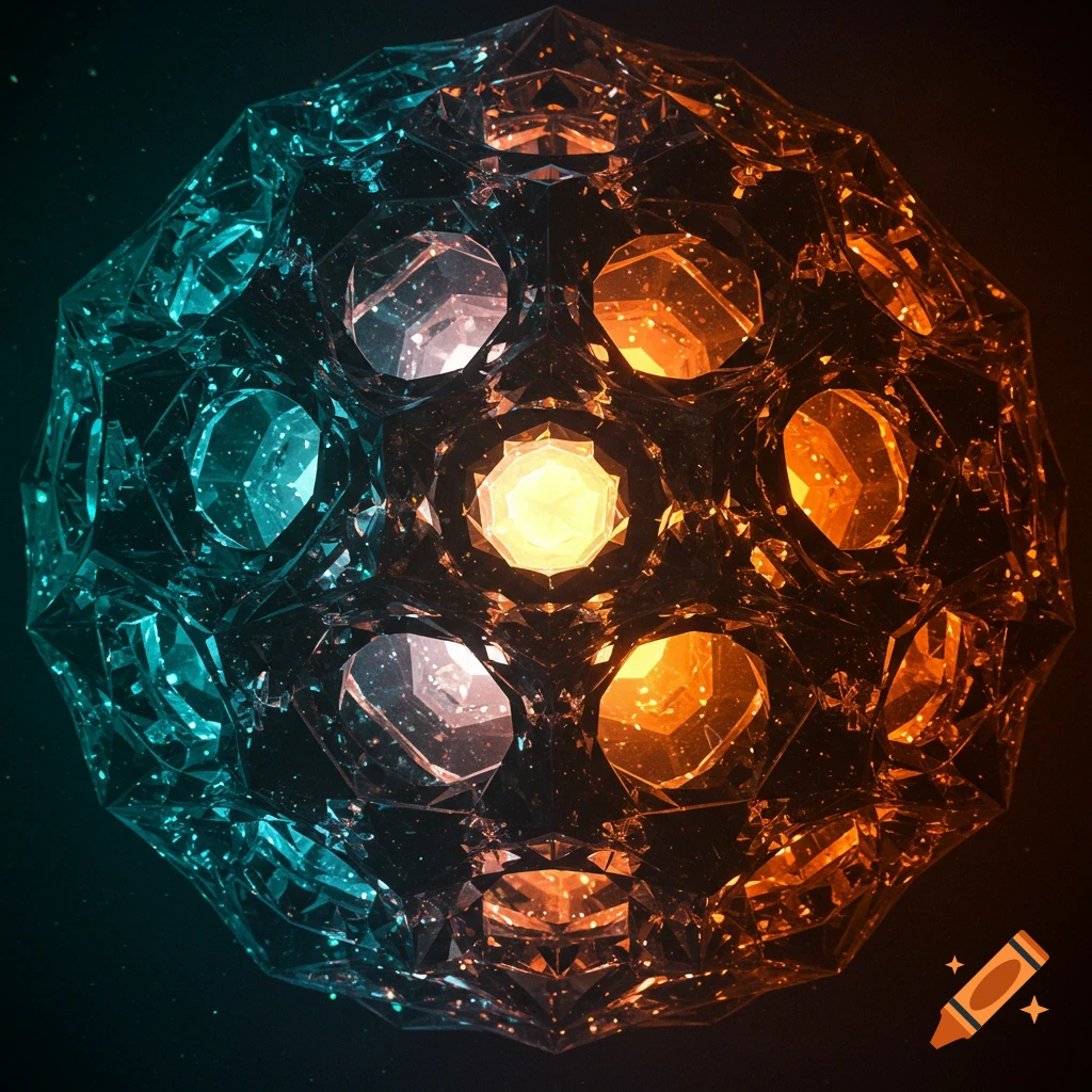 A glowing, faceted crystal sphere, half blue and half orange, on a dark background.