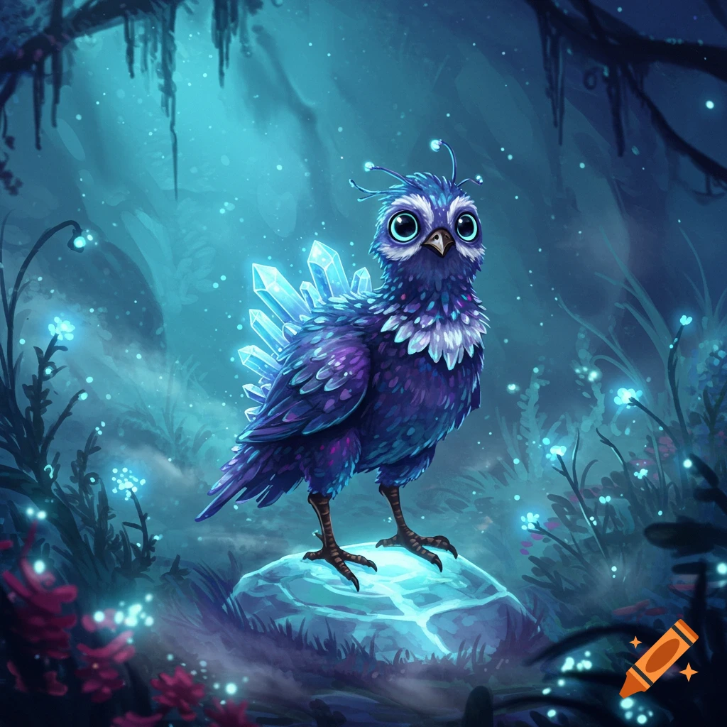 A cute purple bird-like creature with large eyes and bright blue crystals on its back stands on a glowing rock in a magical, glowing blue forest.