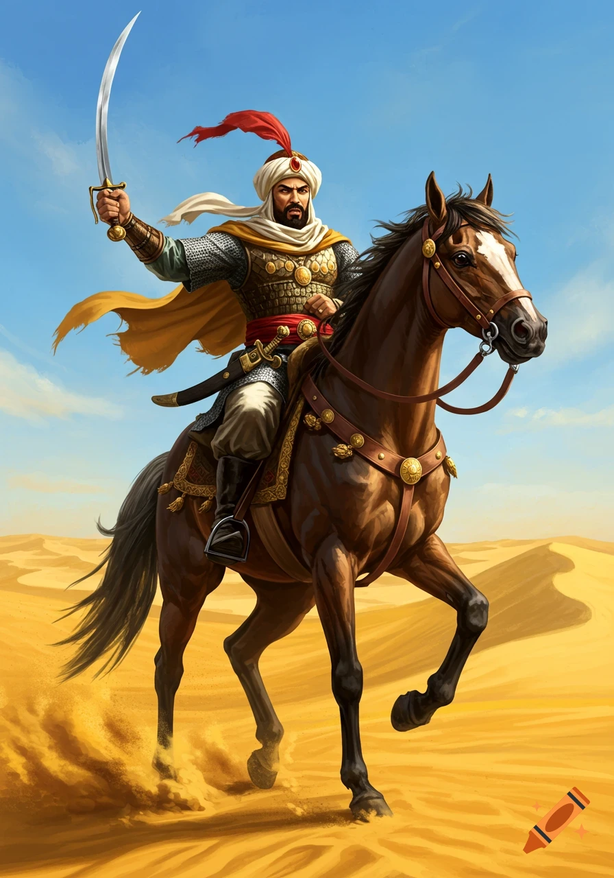 A fierce Muslim warrior on horseback, holding a sword high, rides through a sandy desert under a blue sky.