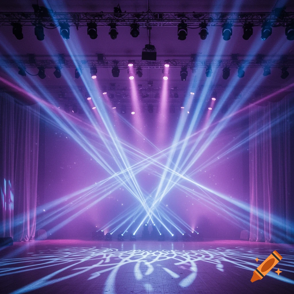 An empty stage lit by crisscrossing beams of purple and blue light, with light patterns on the wooden floor.