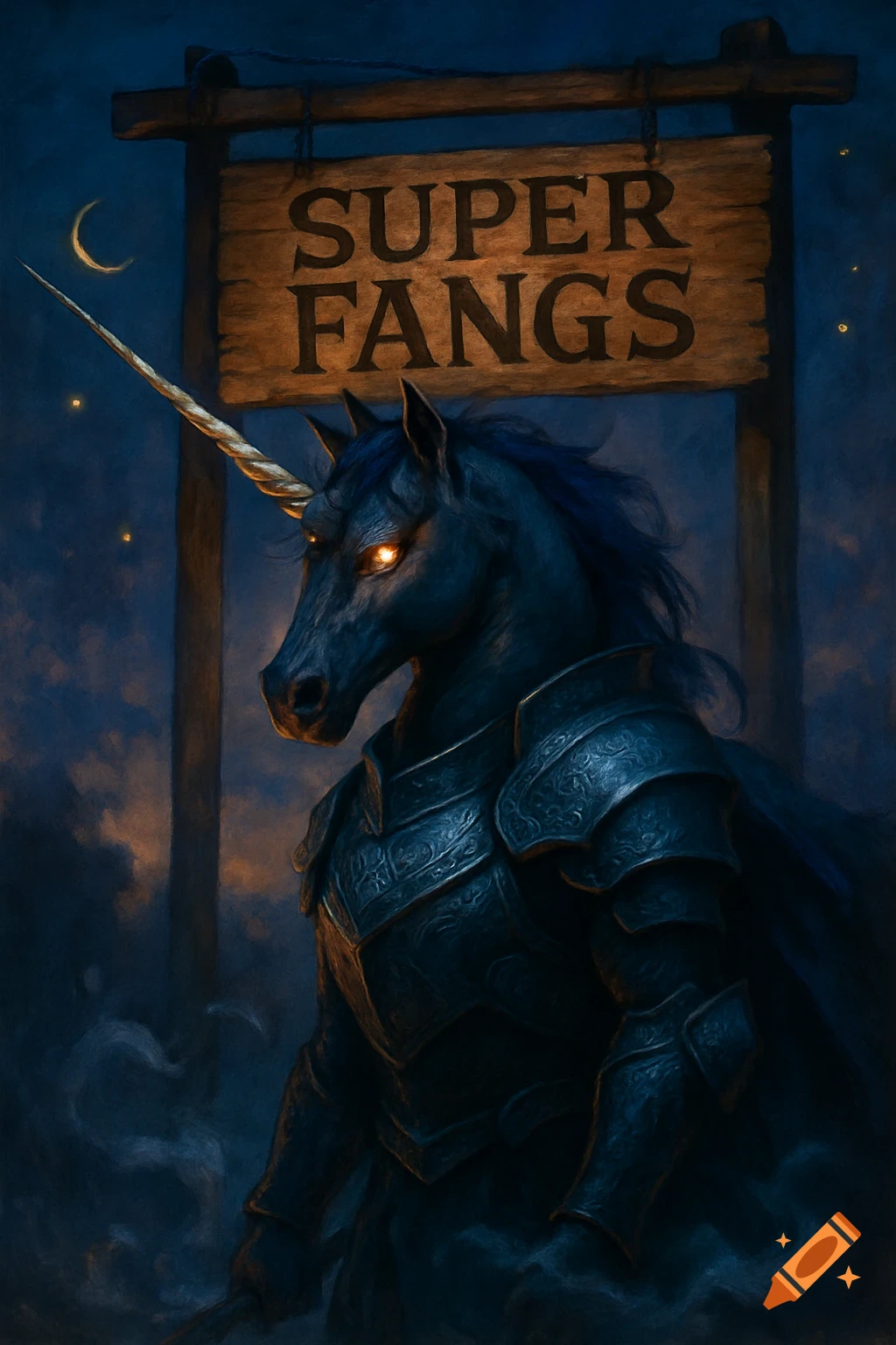 A dark unicorn warrior in ornate armor stands before a wooden sign reading 'SUPER FANGS' under a crescent moon.