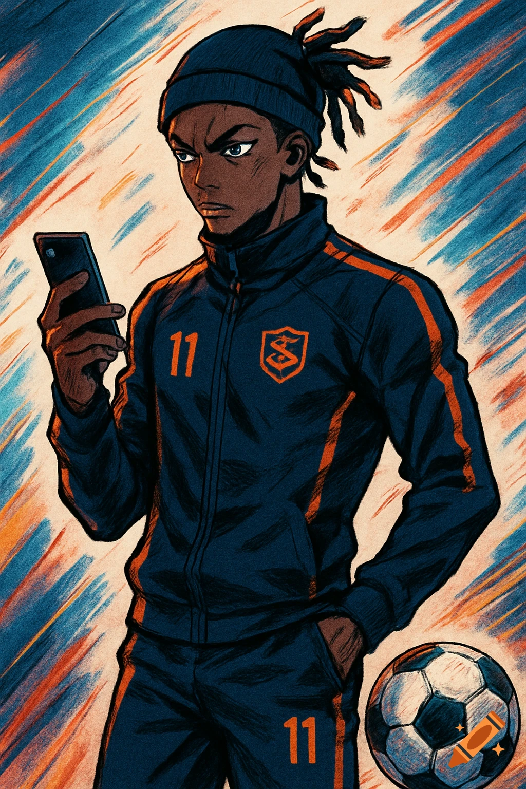 An anime-style dark-skinned soccer player in a blue and orange tracksuit, holding a phone, with a soccer ball nearby.