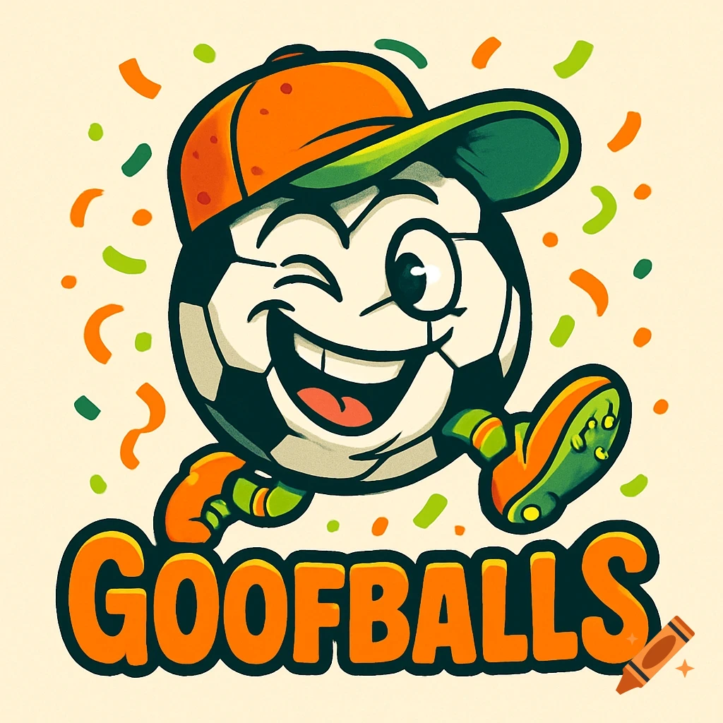 Cartoon soccer ball mascot wearing an orange and green baseball cap, winking and running, with confetti and the text GOOFBALLS.