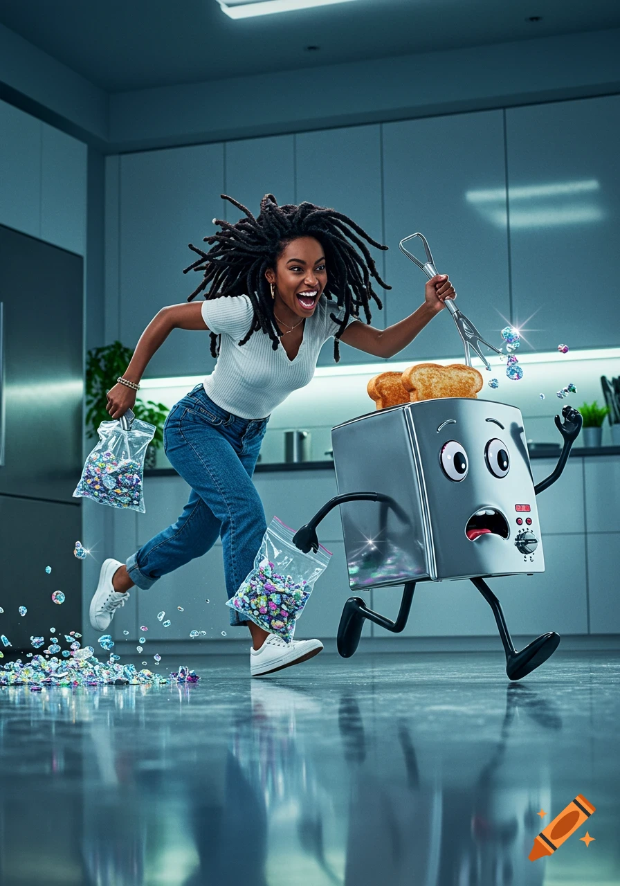 A woman with dreadlocks chases a fearful, running toaster with toast inside, in a modern kitchen. Rhinestones spill from bags.