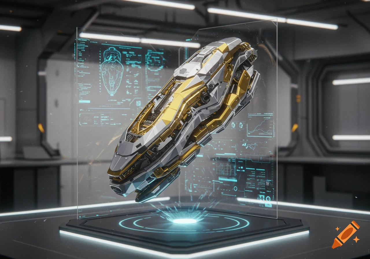 A sleek, gold and silver futuristic spacecraft hovers in a glass display case within a high-tech lab, surrounded by glowing holographic data screens.