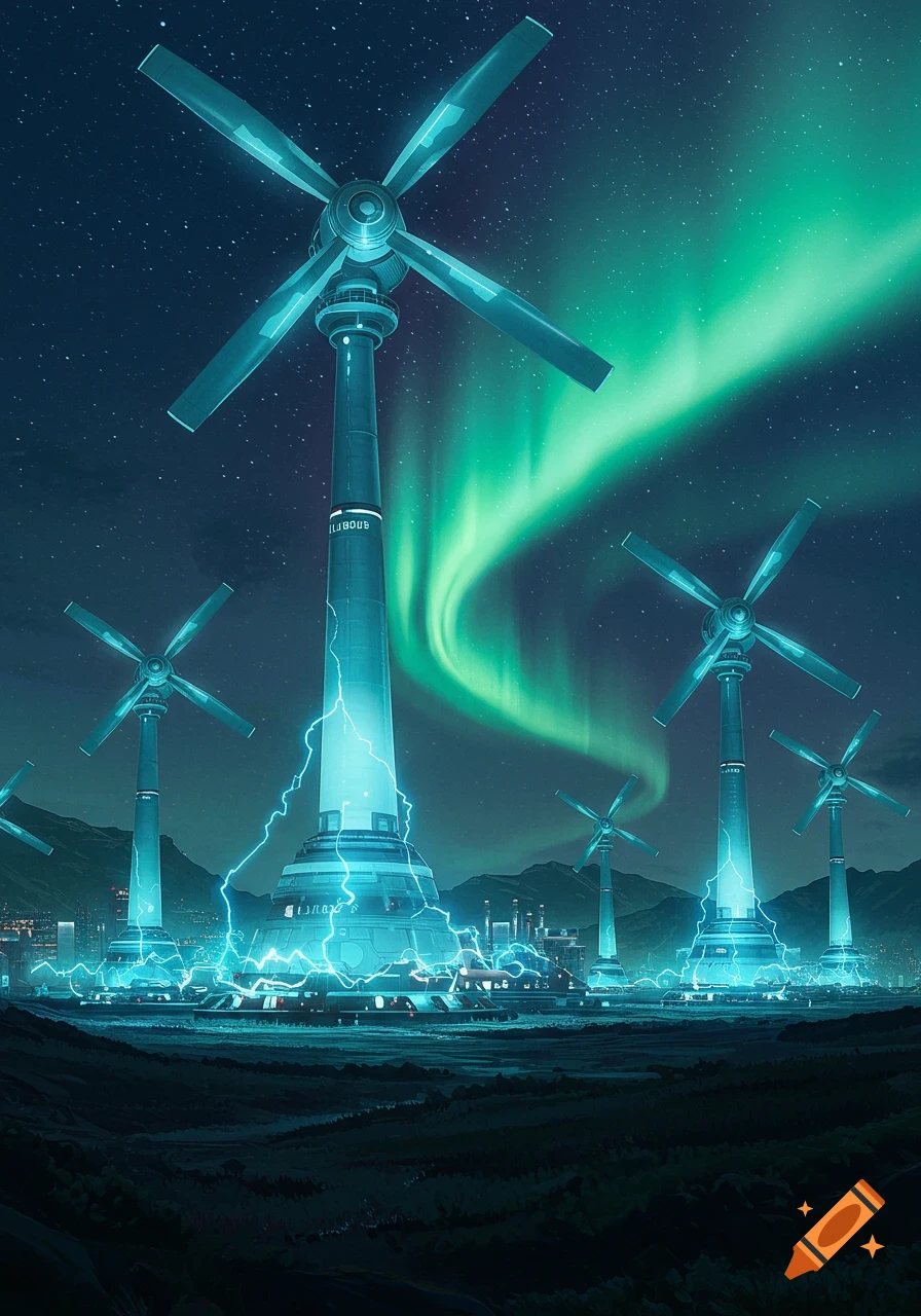 Futuristic wind turbines with electrical discharges under a vibrant green aurora borealis at night.