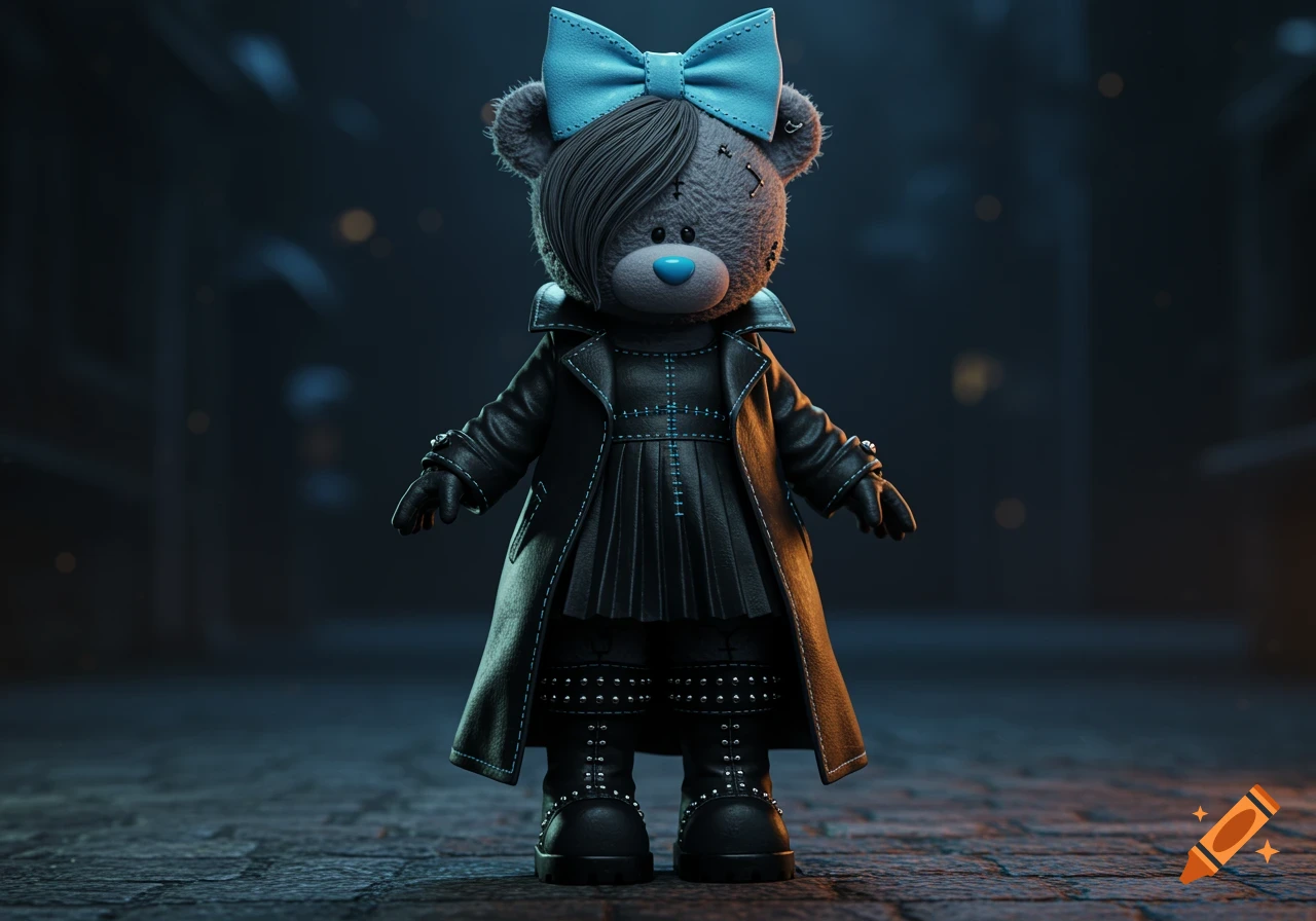 An emo female Tatty Teddy bear in a black leather trench coat, pleated dress, studded boots, and a sky blue bow stands on a dark, detailed street.