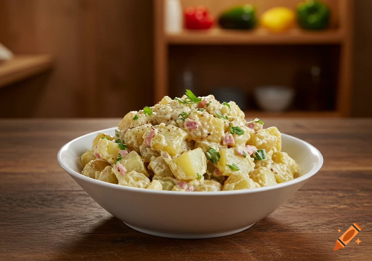 A close-up of a white bowl filled with creamy potato salad, garnished with green herbs and black pepper, sitting on a rustic wooden table. The background is a blurred kitchen with shelves and colorful vegetables.