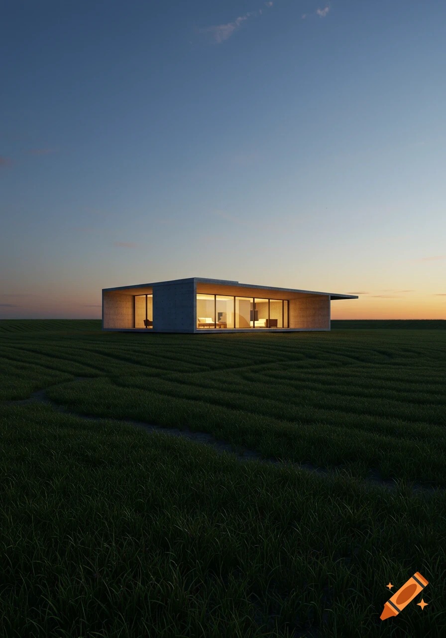 A modern concrete cabin with large windows illuminating the interior, set in a vast green field under a clear twilight sky.