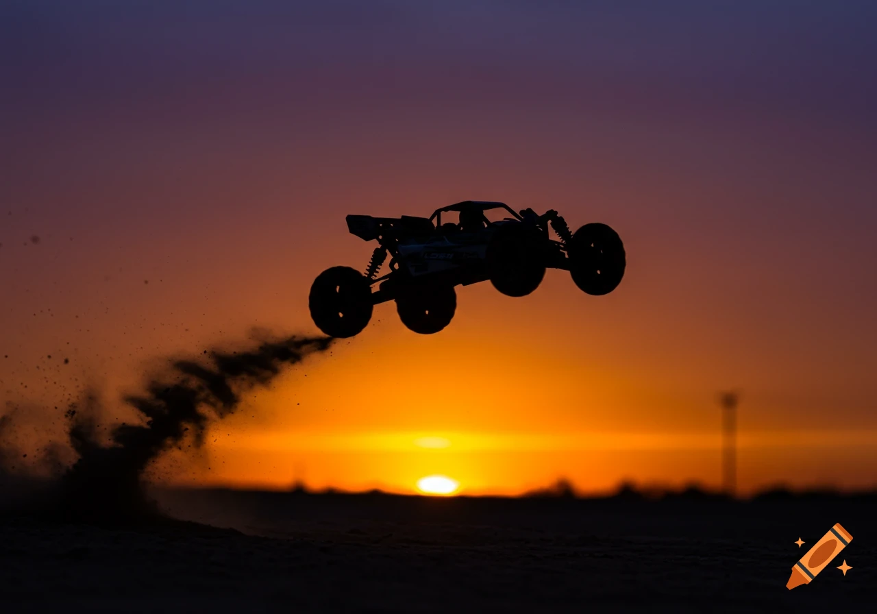 Silhouette of an RC buggy jumping against a vibrant orange and purple sunset.