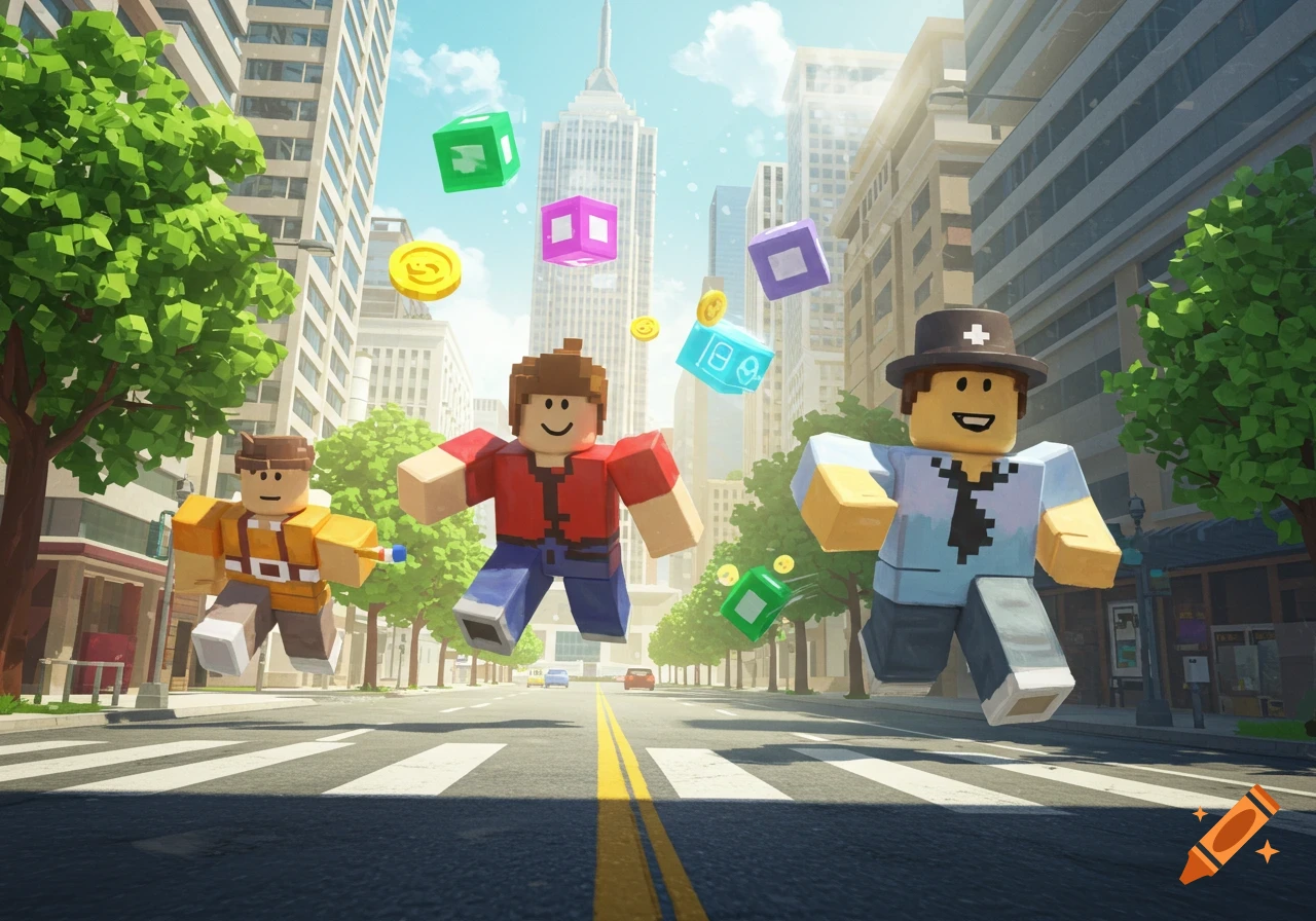 Three blocky Roblox-style characters run and jump down a bright city street with floating power-up blocks.