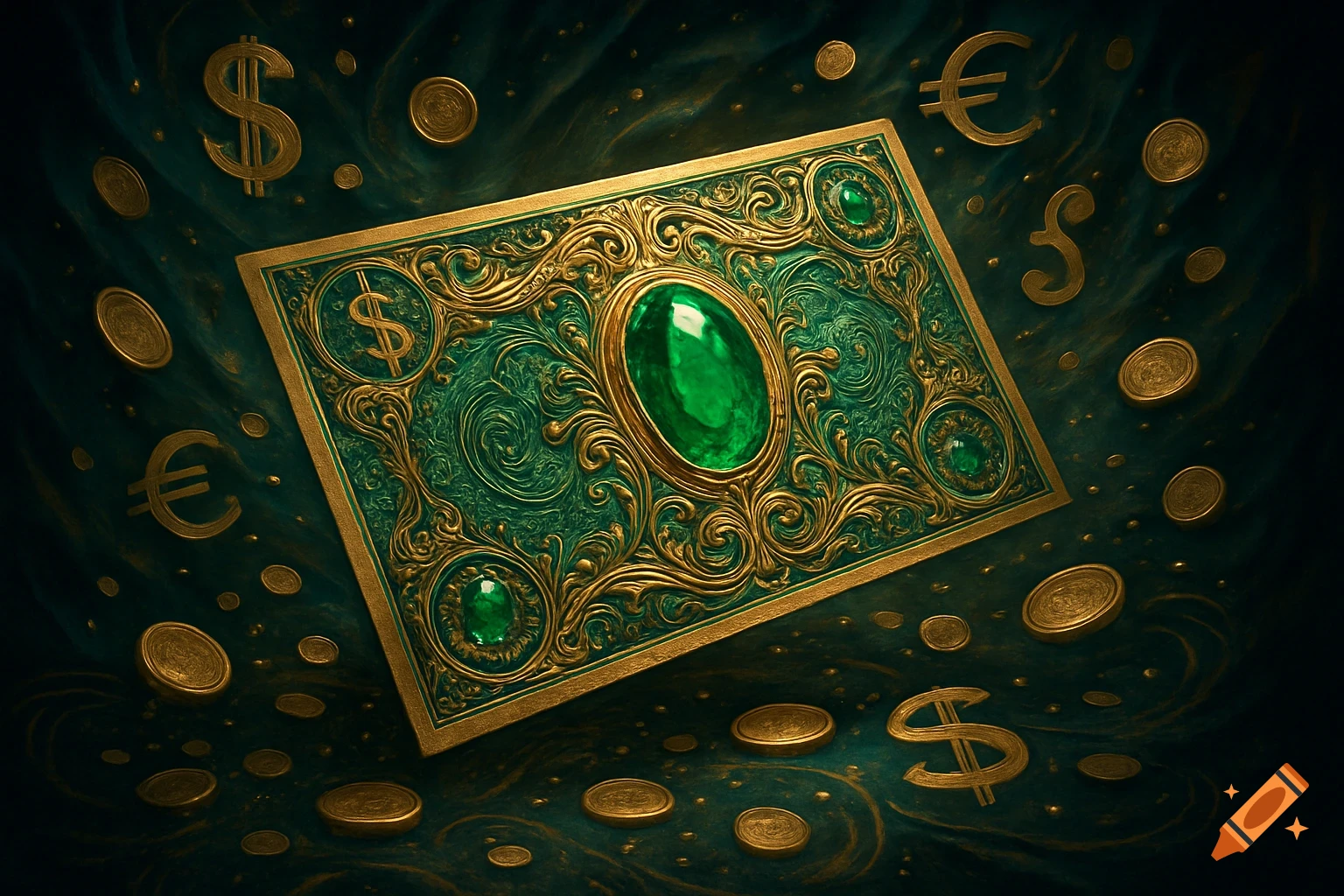 An ornate green and gold card with an emerald, surrounded by floating gold dollar and euro signs and coins on a dark background.