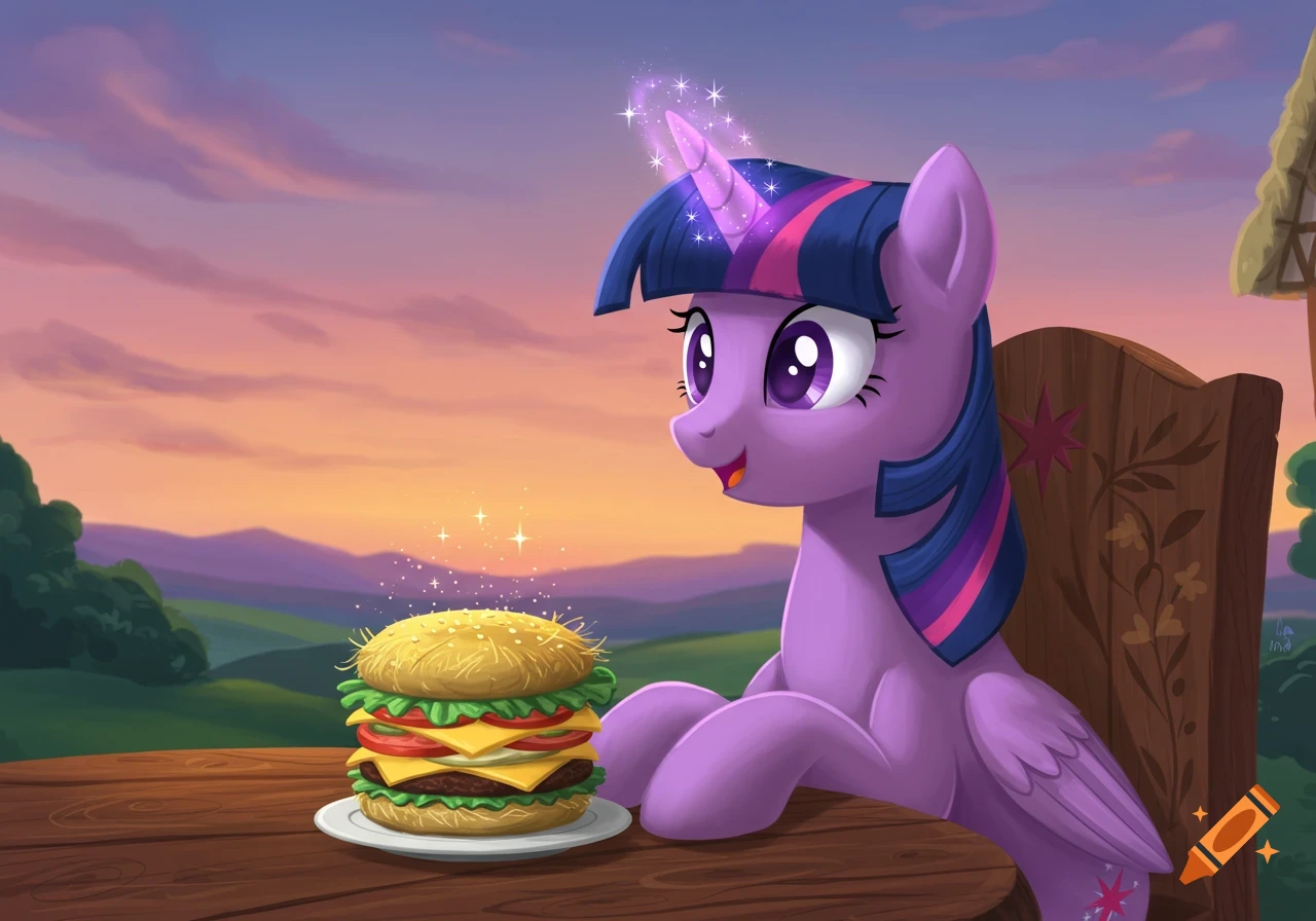 Twilight Sparkle, a purple alicorn, gazes excitedly at a large cheeseburger on a wooden table, with a sunset landscape in the background, in a cartoon style.