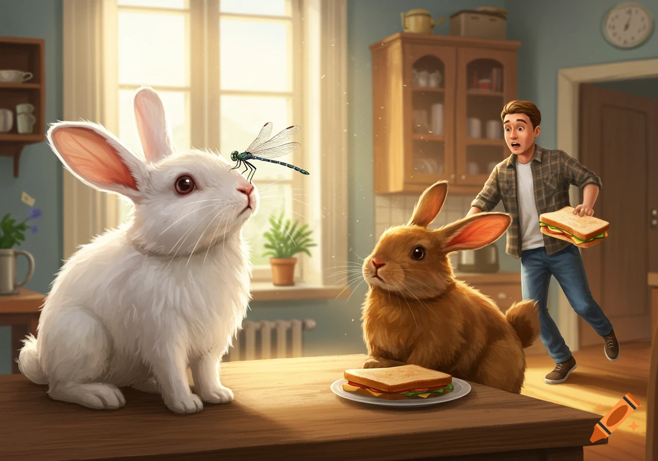 Two bunnies on a kitchen table, one with a dragonfly on its nose, while a man in the background stares, holding a sandwich.