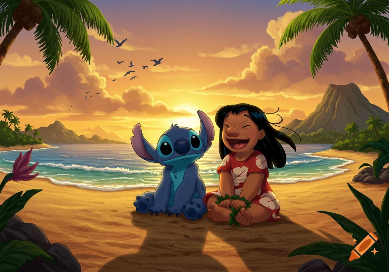 Lilo and Stitch cartoon characters sit on a sandy beach at sunset with ocean waves and palm trees.