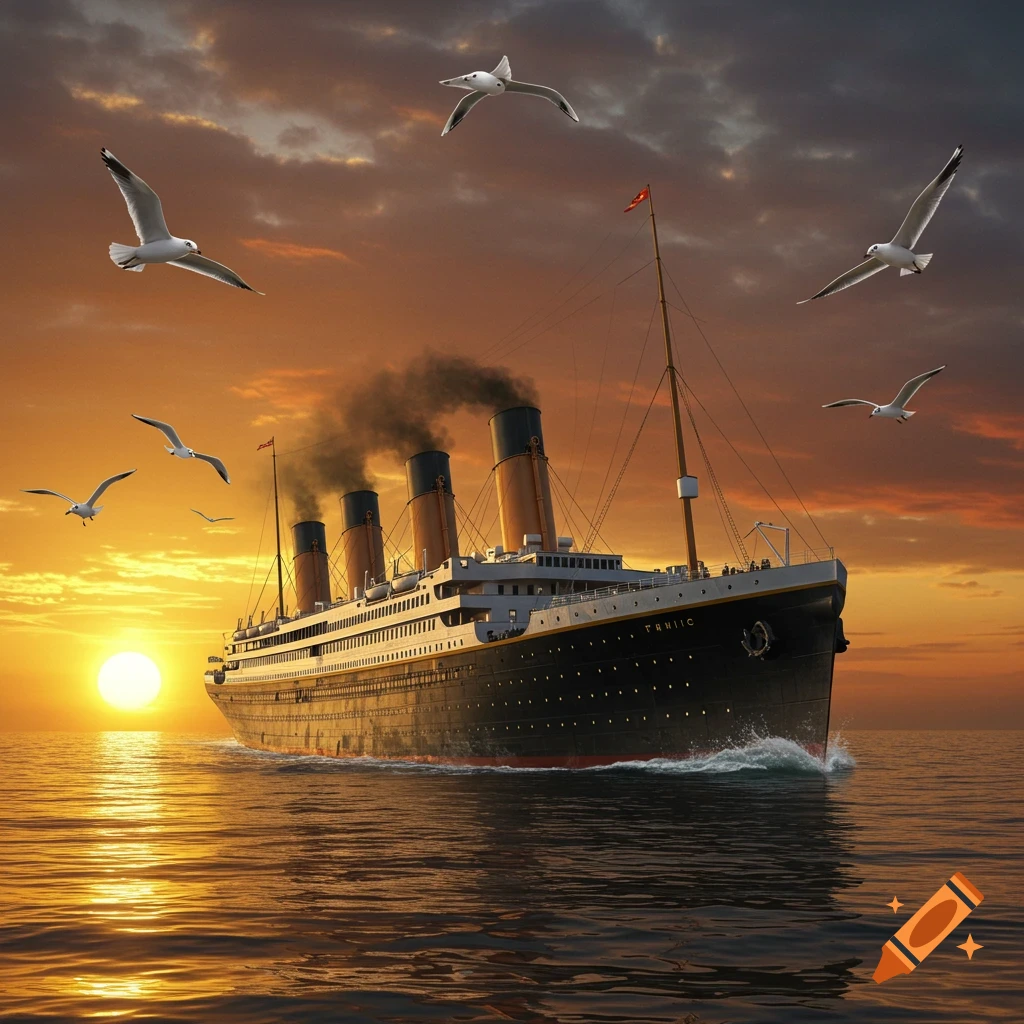 A photorealistic image of the RMS Titanic sailing on a calm ocean at sunset, with seagulls flying in the orange sky.