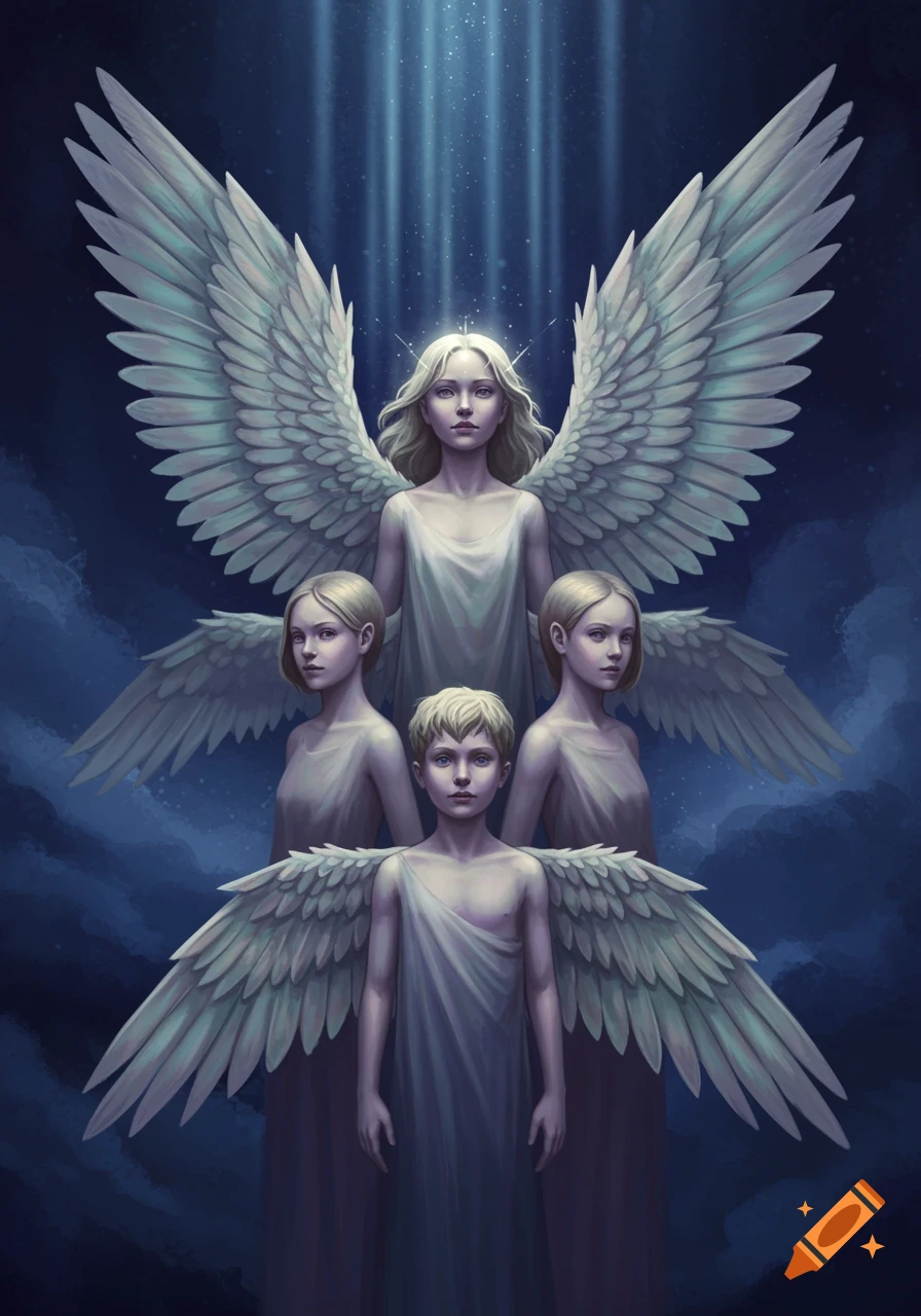 A central female angel with a halo stands behind two smaller female and one male child angel, all with white wings, against a dark blue, ethereal sky with light rays.