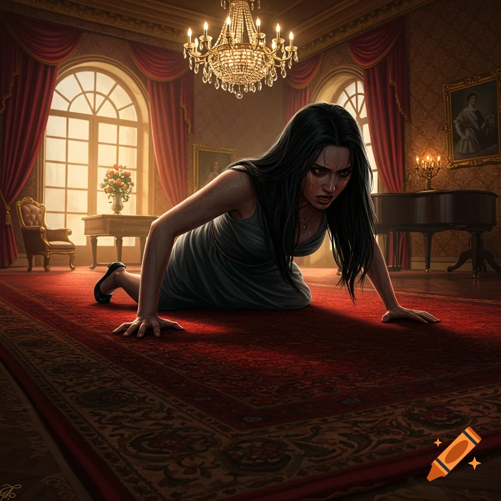 A woman with long black hair, wearing a gray dress, crawls across a luxurious red carpet in a grand room with tall windows and a chandelier. She has a pained or angry expression.