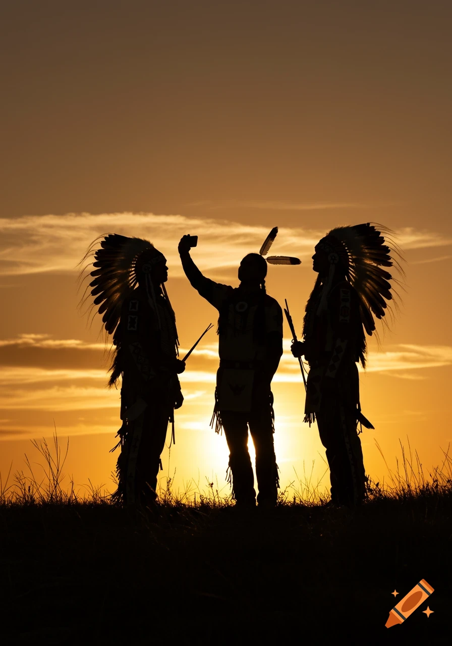 Silhouettes of three Native Americans, one taking a selfie, against a vibrant sunset sky on a grassy hill.