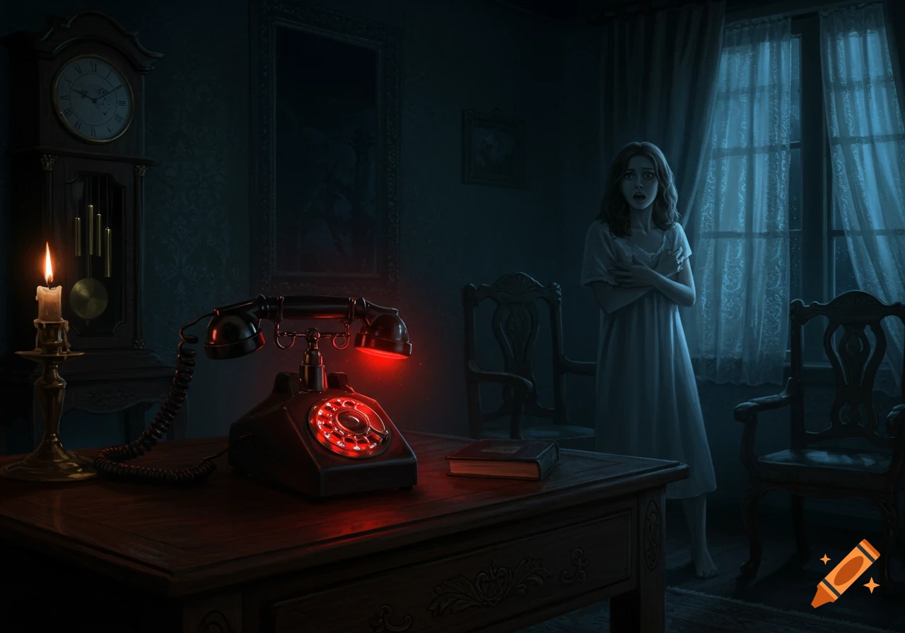 Scared woman in a dark, eerie room with a red-glowing antique telephone, grandfather clock, and candle. Digital illustration.