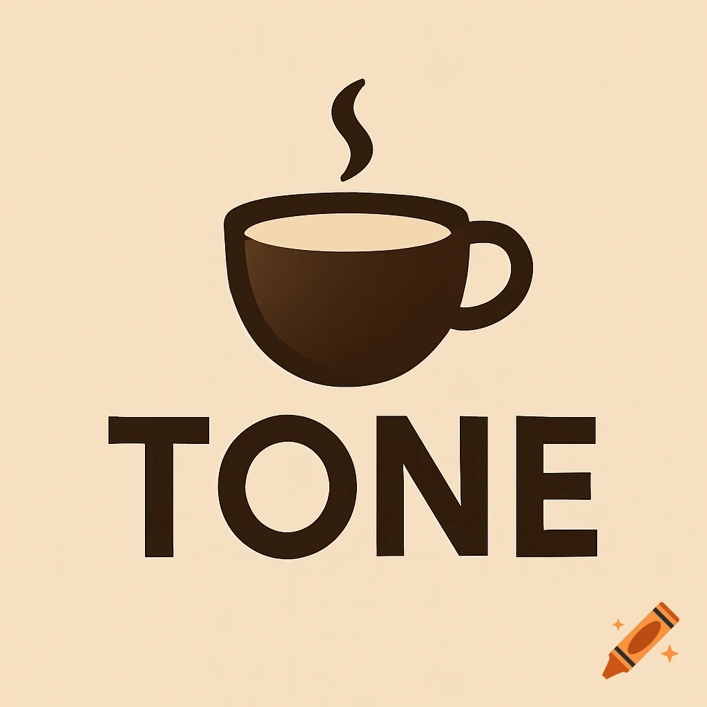 A simple logo featuring a dark brown coffee cup with steam above it, positioned over the bold word "TONE" on a light beige background.