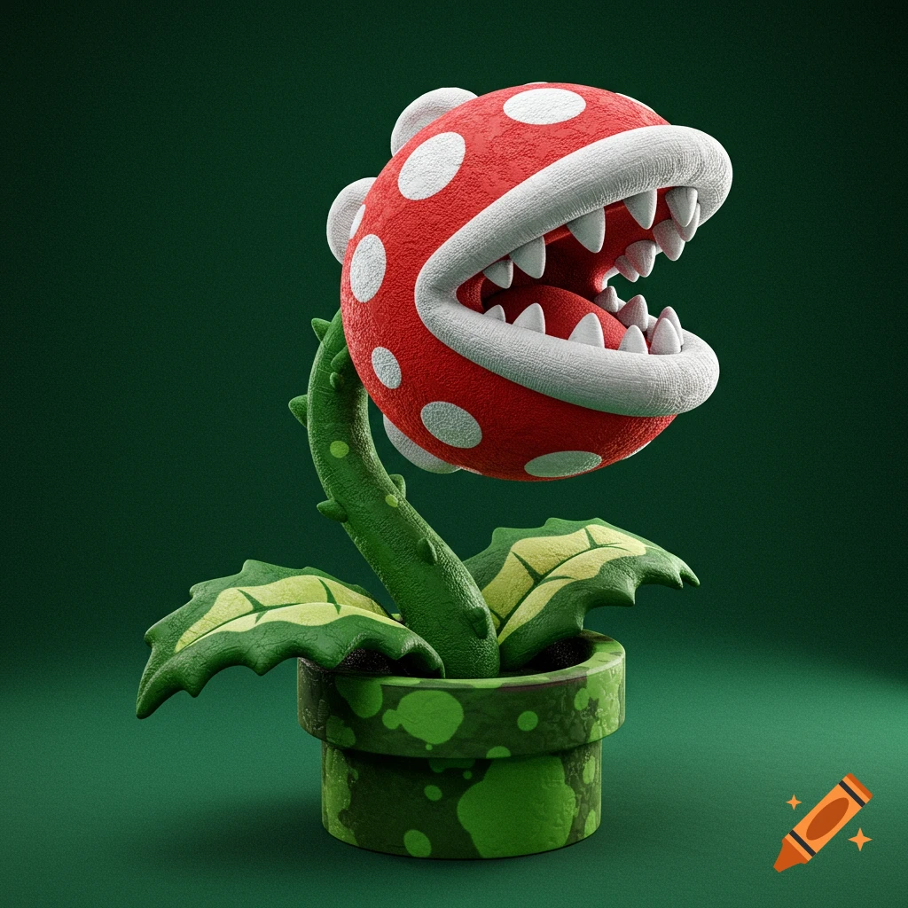 A red and white Piranha Plant from Super Mario with an open mouth full of sharp teeth, in a green pot, against a dark green background.