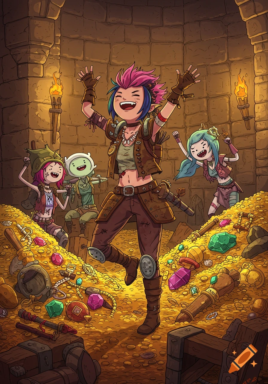 Cartoon adventurers in an Adventure Time style celebrate in a treasure-filled dungeon with gold and gems.