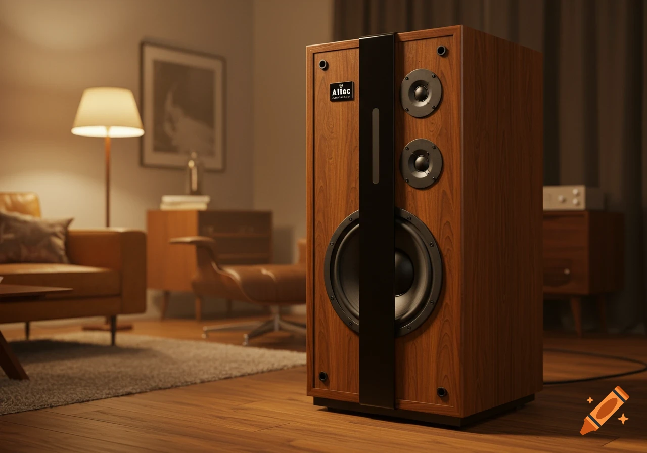 A photorealistic image of a vintage-style walnut speaker with a black stripe and three drivers, set in a warm, softly lit living room.