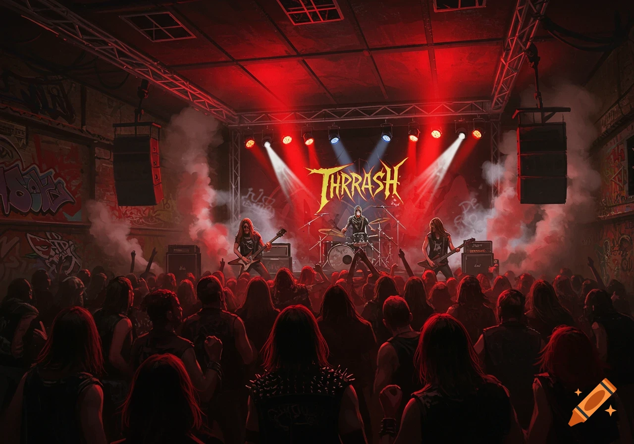 A thrash metal band plays on a stage bathed in red light and smoke, performing for a large, energetic crowd.