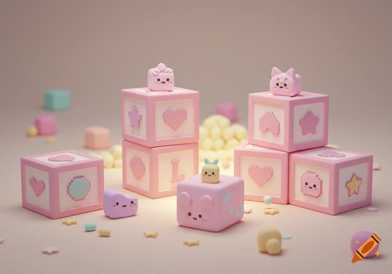 Pastel pink pixel-art toy blocks and cute figures, arranged on a light surface.
