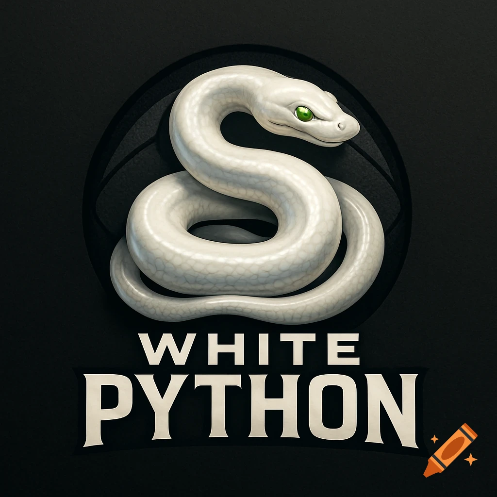 A stylized white snake with green eyes coiled above the words "WHITE PYTHON" on a dark background, designed as a logo.