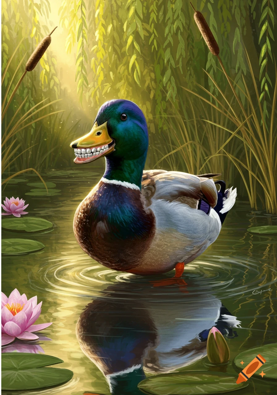 An illustrated mallard duck with a large set of human-like dentures smiles while floating in a pond with lily pads and cattails.