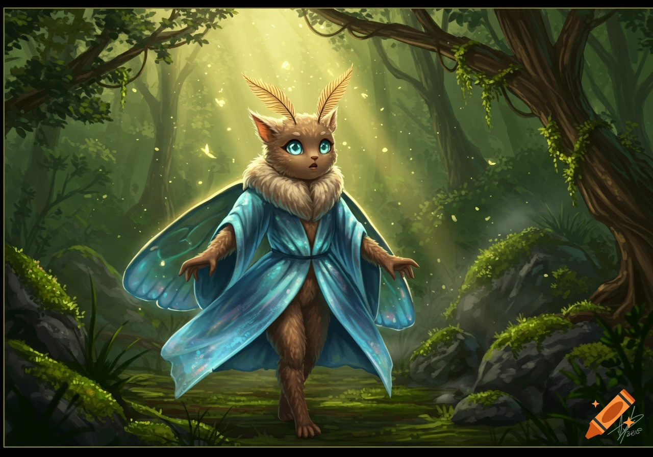 A furry moth creature in blue robes stands in a sunlit, magical forest. It has feathered antennae and glowing blue eyes. Digital art.