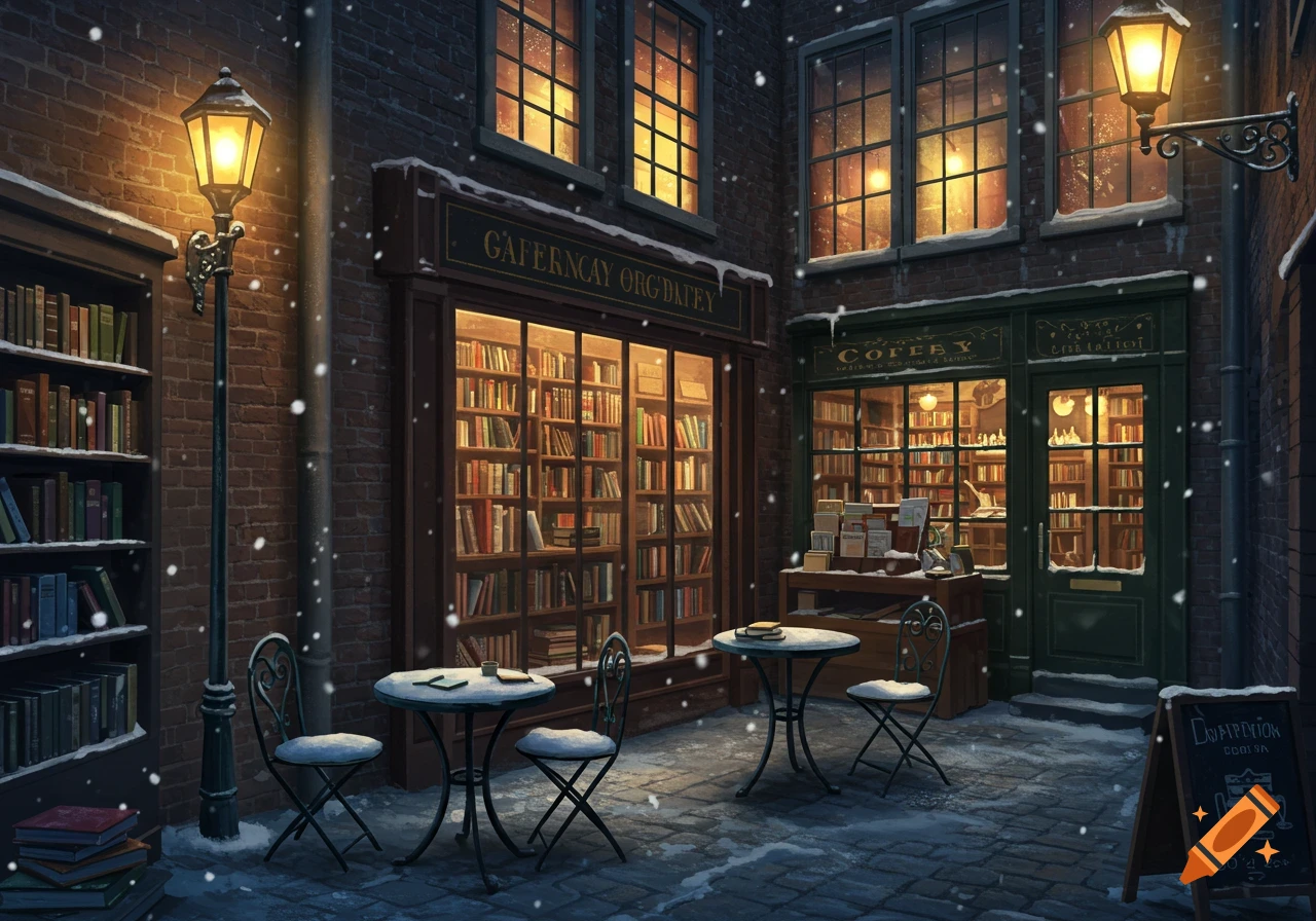 Cozy alleyway scene with a brightly lit bookstore and coffee shop during a light snowfall, with outdoor tables, chairs, and lampposts.