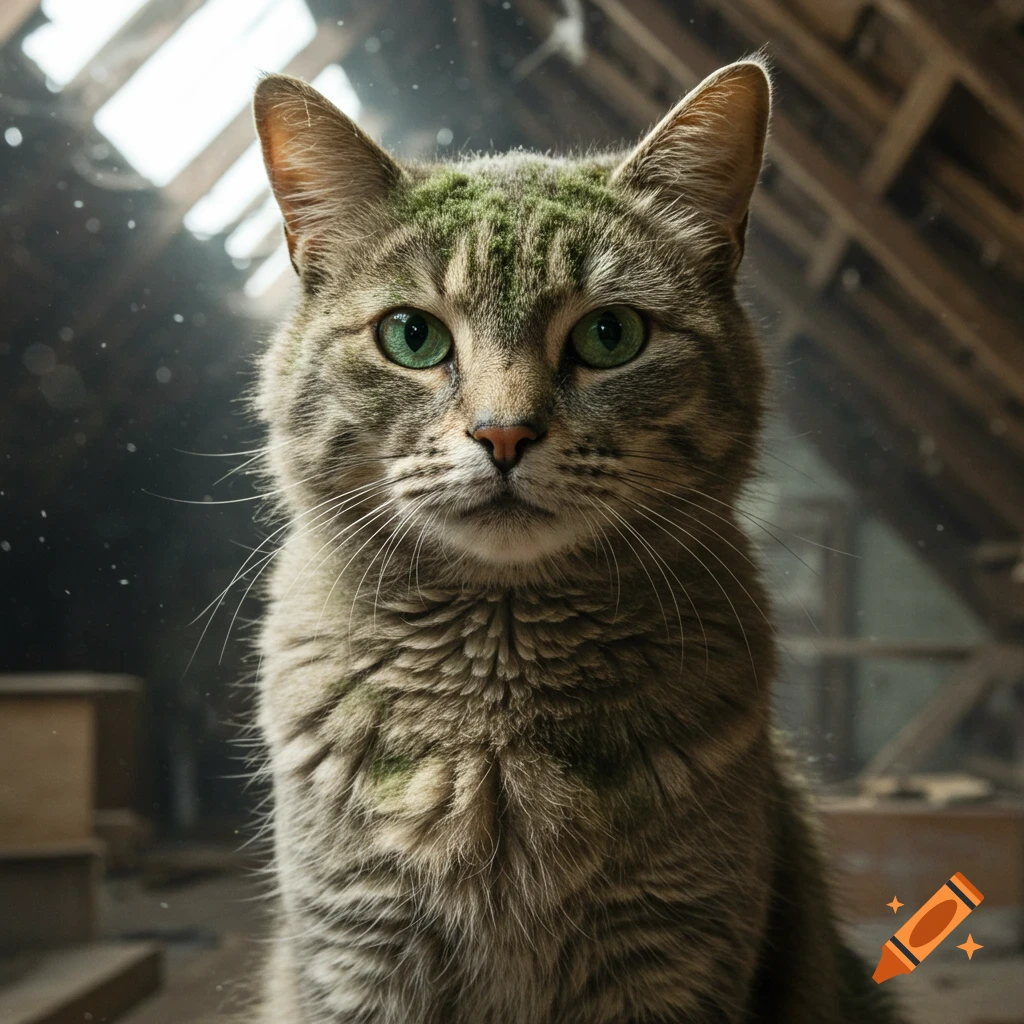 A close-up of a tabby cat with green moss-like fur, looking directly at the camera in a dusty, dimly lit attic.