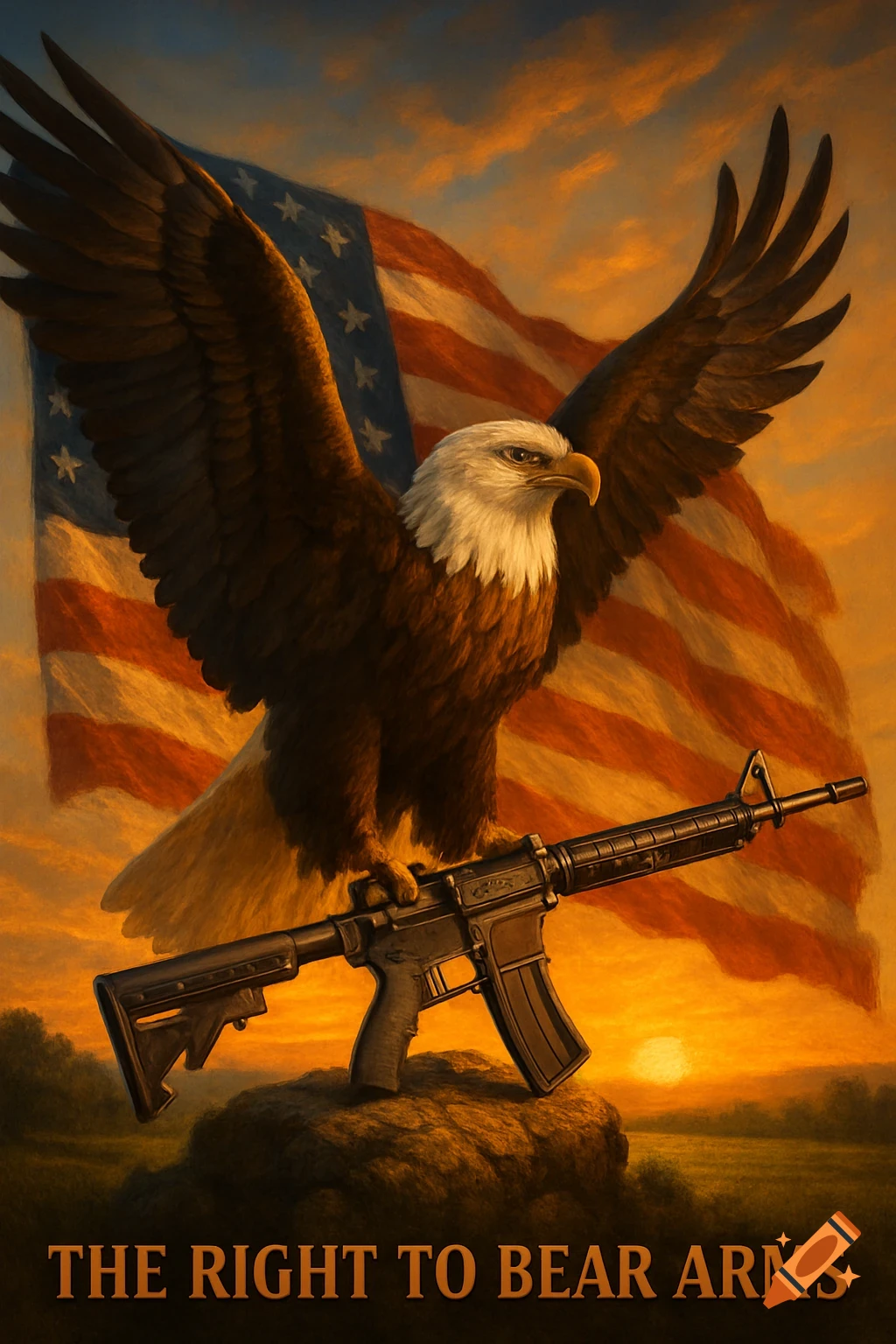 A majestic bald eagle stands in front of a large American flag, with an assault rifle resting on a rock in the foreground. Painterly style, dramatic sunset.