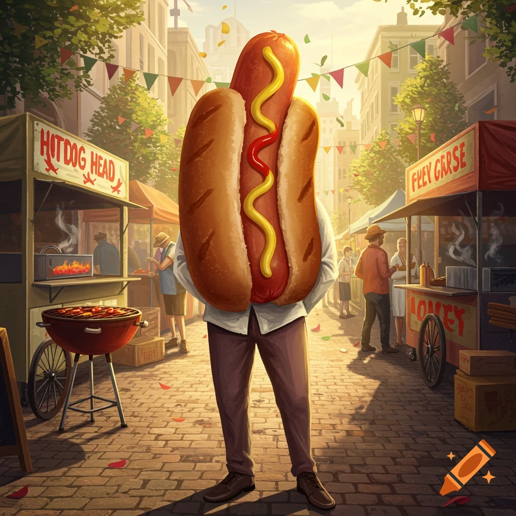 A man with a hotdog for a head stands in a sunlit street fair with food stalls.
