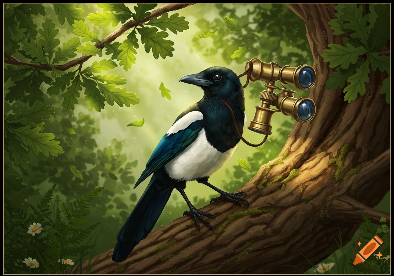 A black and white magpie bird with a pair of binoculars around its neck, perched on a tree branch in a green forest. Digital painting.