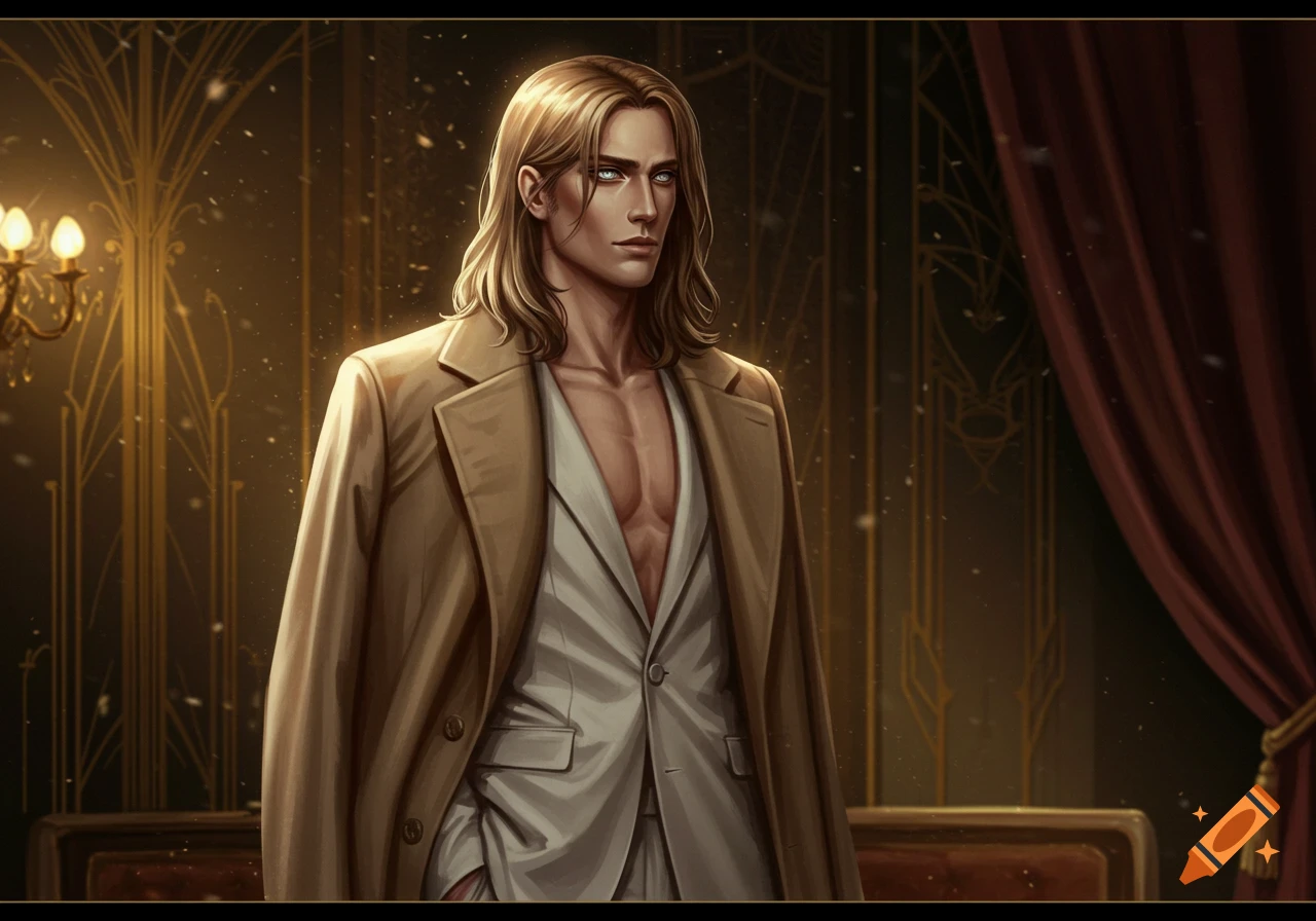 A man with long wavy blonde hair and pale eyes, wearing an open white suit jacket and a tan overcoat, stands in a dimly lit Art Deco room.