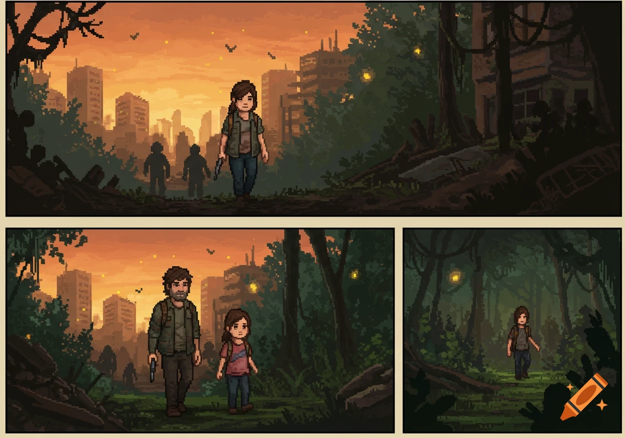 A pixel art comic strip showing a man and a girl walking through an overgrown, ruined city at sunset, reminiscent of The Last of Us.