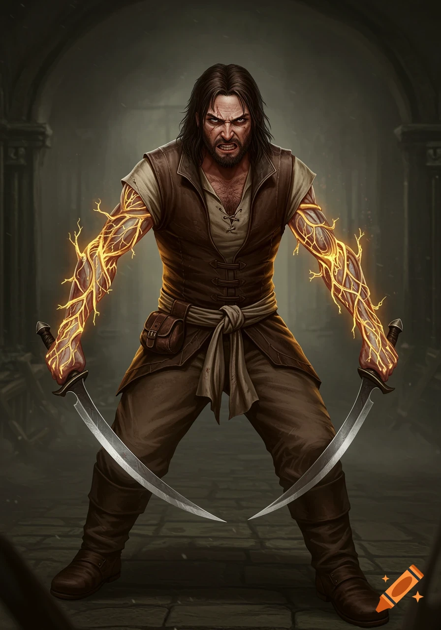 A fierce warrior with glowing, vine-like arms stands in a dark archway, wielding two curved swords in a combat stance. Realistic fantasy art.