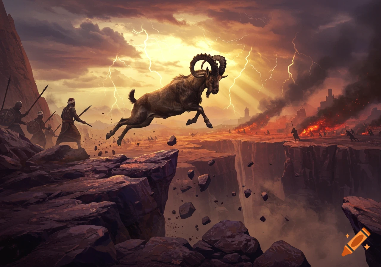 A mountain goat leaps over a chasm amidst a fiery battle with soldiers, lightning, and burning buildings.